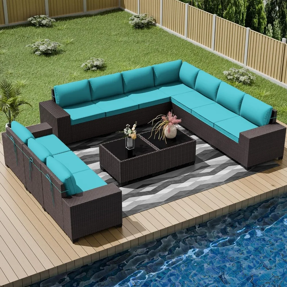 

Outdoor Patio Furniture Set,12 Pieces All Weather Patio Sectional Sofa PE Wicker Modular Sets with Coffee Table,10 Chairs & Seat