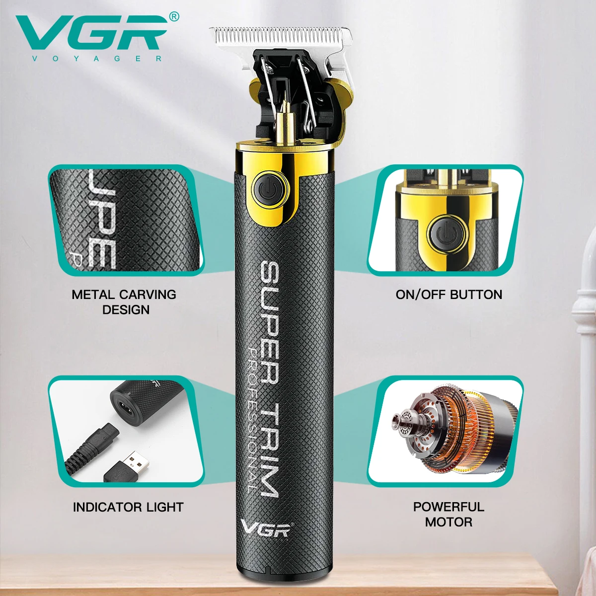 VGR Zero 0mm Blade Professional Hair Trimmer For Men Face Beard Hair Clipper Mustache Electric Hair Cutting Machine Rechargeable