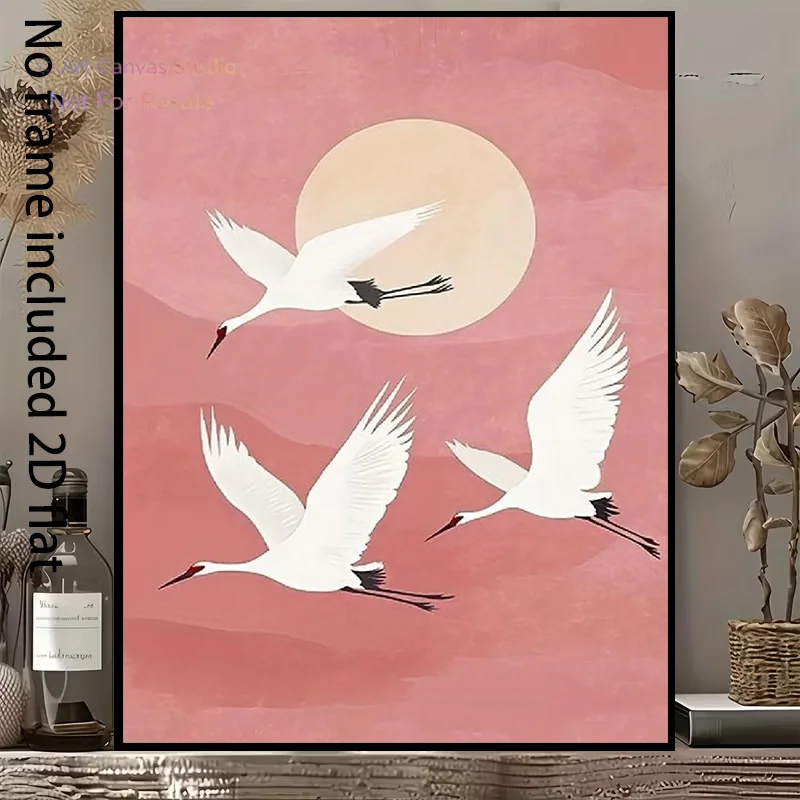 2D Flat, 2D Flat, A Decorative Canvas Painting Featuring Three White Cranes Soaring in a Pink Sky, Accompanied by a Bright, I