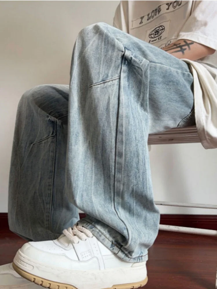 

Мужские джинсы в стиле ретро, синие, свободные, повседневные, прямые, широкие штанины, осенняя новинка, износостойкие, прямого кроя