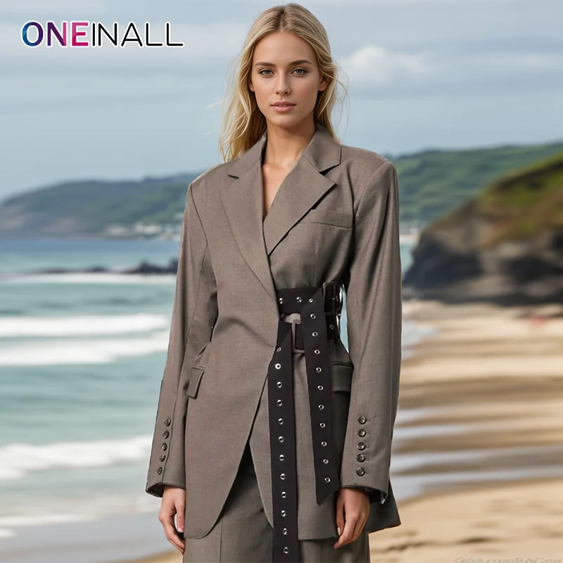 

ONEINALL Hit Color Patchwork Belts Tunic Blazers For Women Notched Collar Long Sleeve Minimalist Fashion Blazer Female Clothing