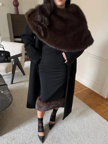 Trendix Women Elegant High Waist Skirt Fashion Fur Patchwork Slim Black Vintage Skirts Party Club Bodycon Winter Warm Midi Skirt