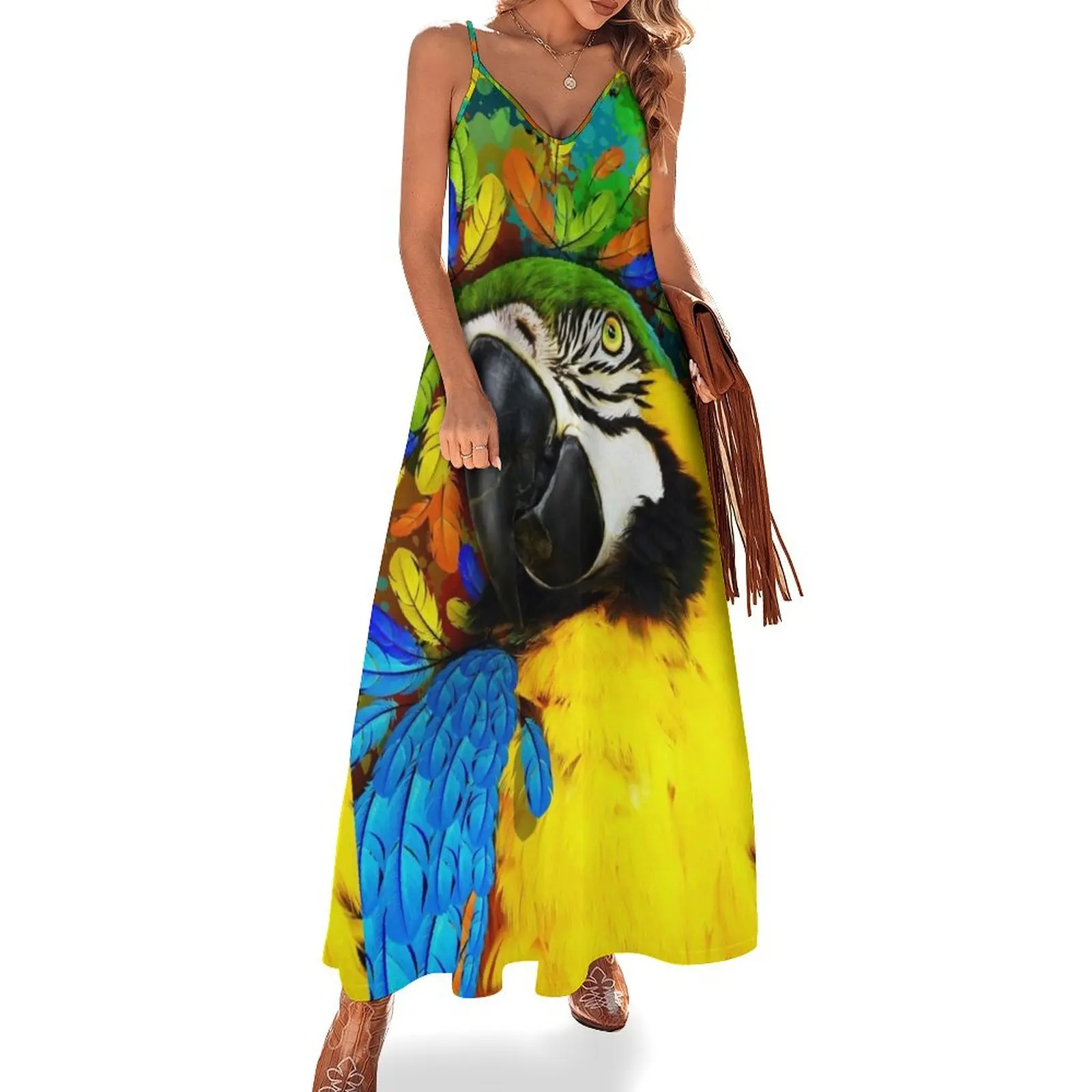 

Gold and Blue Macaw Parrot Fantasy Sleeveless Long Dress beach outfits for women women clothing 2025 new arrivals Dress