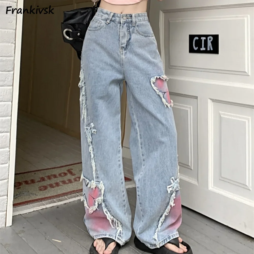 

Women Jeans Wide Leg Patchwork Aesthetic Teenagers Gradient Comfortable Japanese Style Fashion High Street Denim Trousers Chill