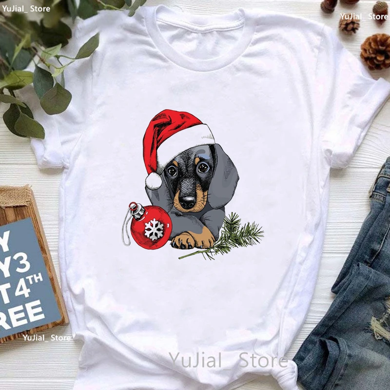 Merry Christmas Dachshund Animal Print T Shirt Women'S Clothing Kawaii Dog Lover Tshirt Femme White Casual T-Shirt Female