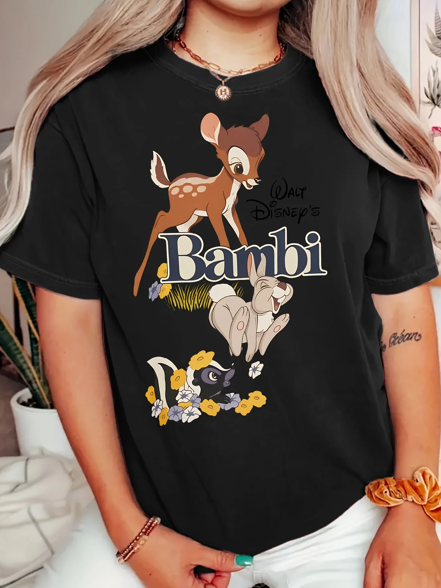 

Disney Elegant Short Sleeves Bambi, Bambi, Rabbit Samp Series Printed Round Neck