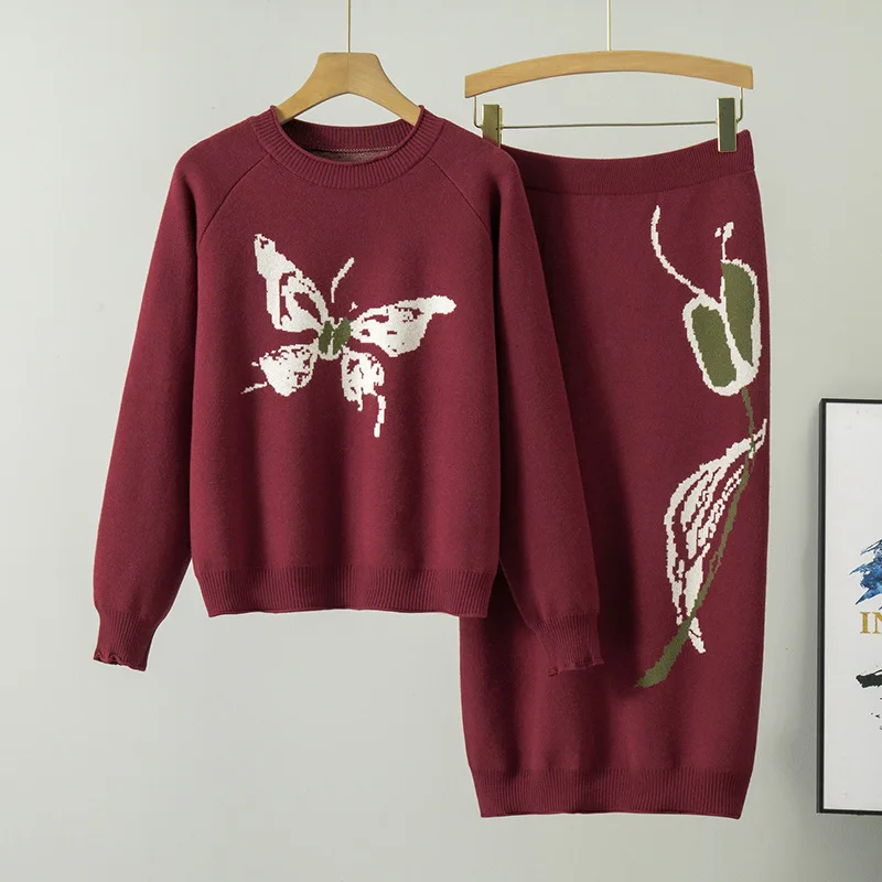 

Vintage Skirt Sets 2025 New Fashion Spring Knitted Women Butterfly Embroidered Sweater A-line Skirt Autumn Two-piece Skirts
