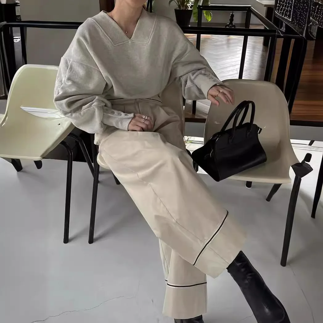 Women Pullover Sweatshirts Coats Solid Jackets Lantern Sleeves V Neck Loose Fit Slight Strech Office Lady Casual 2025 Autumn