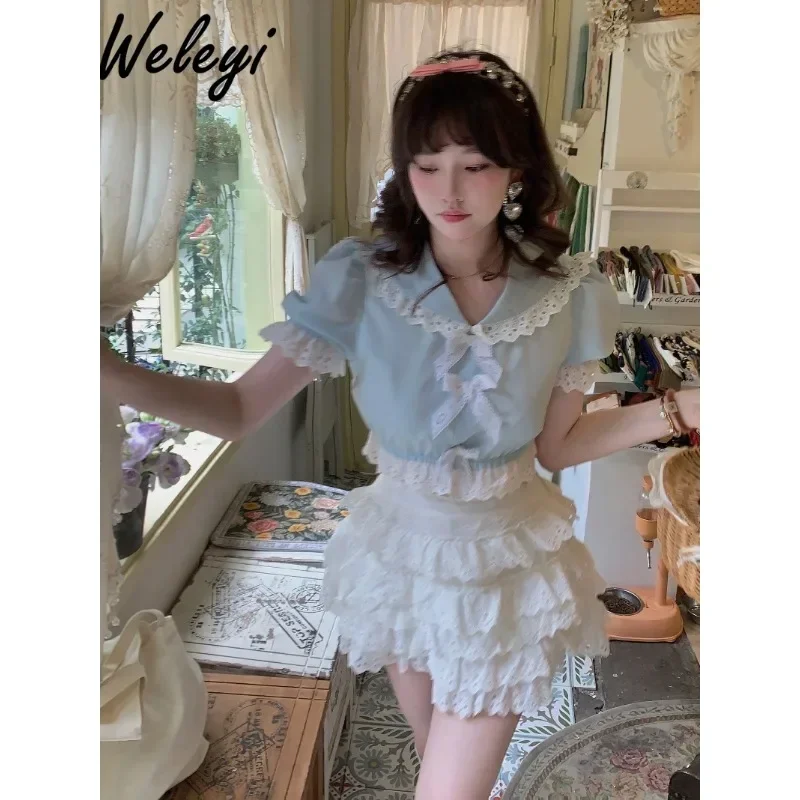 Kawaii Rojita Skirts Suit Women's Clothing 2024 Summer Blue Sailor Collar Sweet Lotus Leaf Pullover Short Top White Skirt Outfit