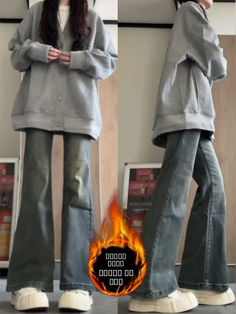 

Ретро-джинсы в американском стиле, прямого кроя, с подкладкой, широкие штанины, женские, осенне-зимние, новые, больших размеров, облегающие брюки