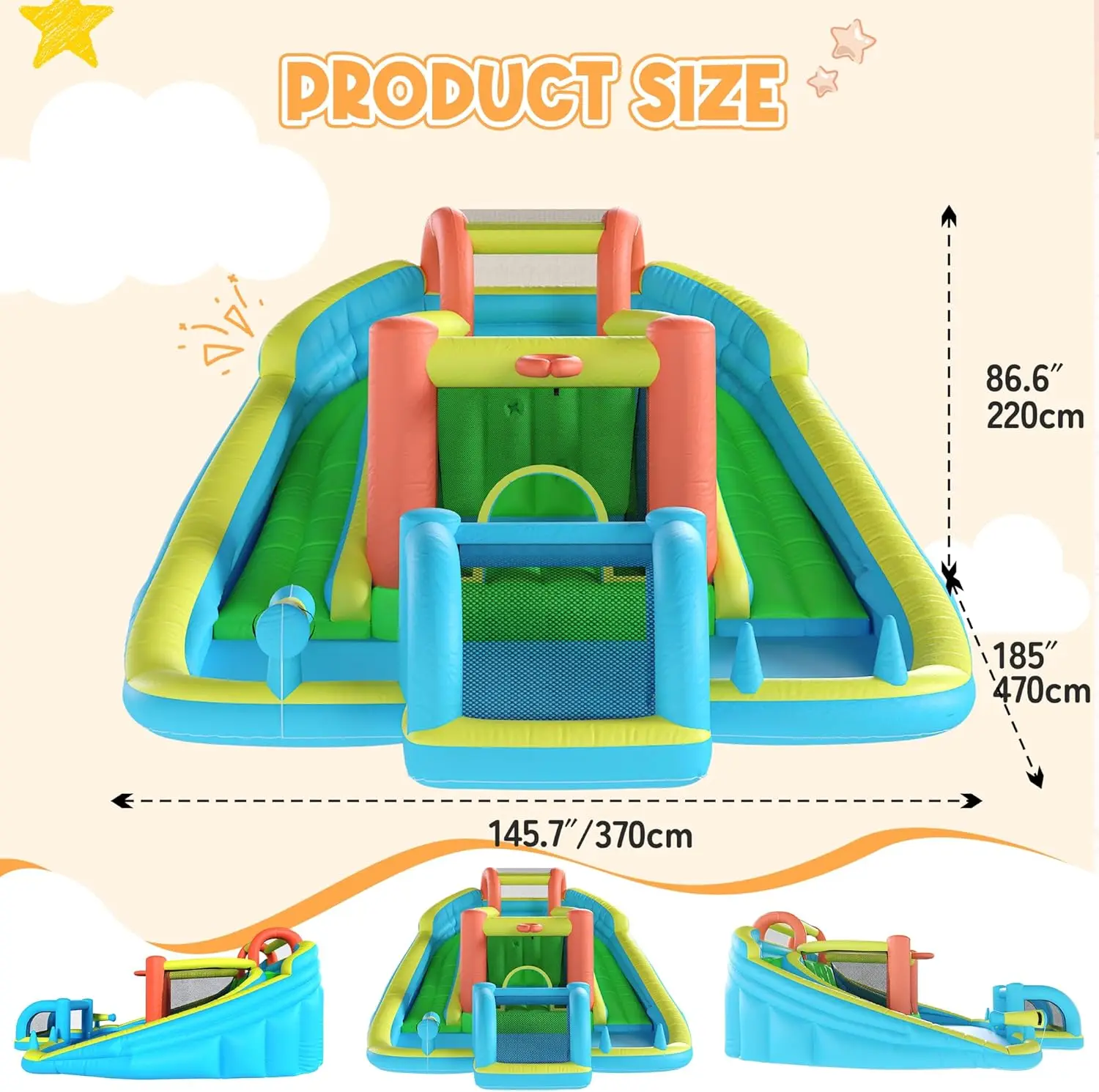 Kids Inflatable Bounce House with Dual Slides, Bouncy Castle with Blower, Water Cannon, Soccer Goal, Rock Wall, Basketball Hoop - Backyard Water Park Fun for Children