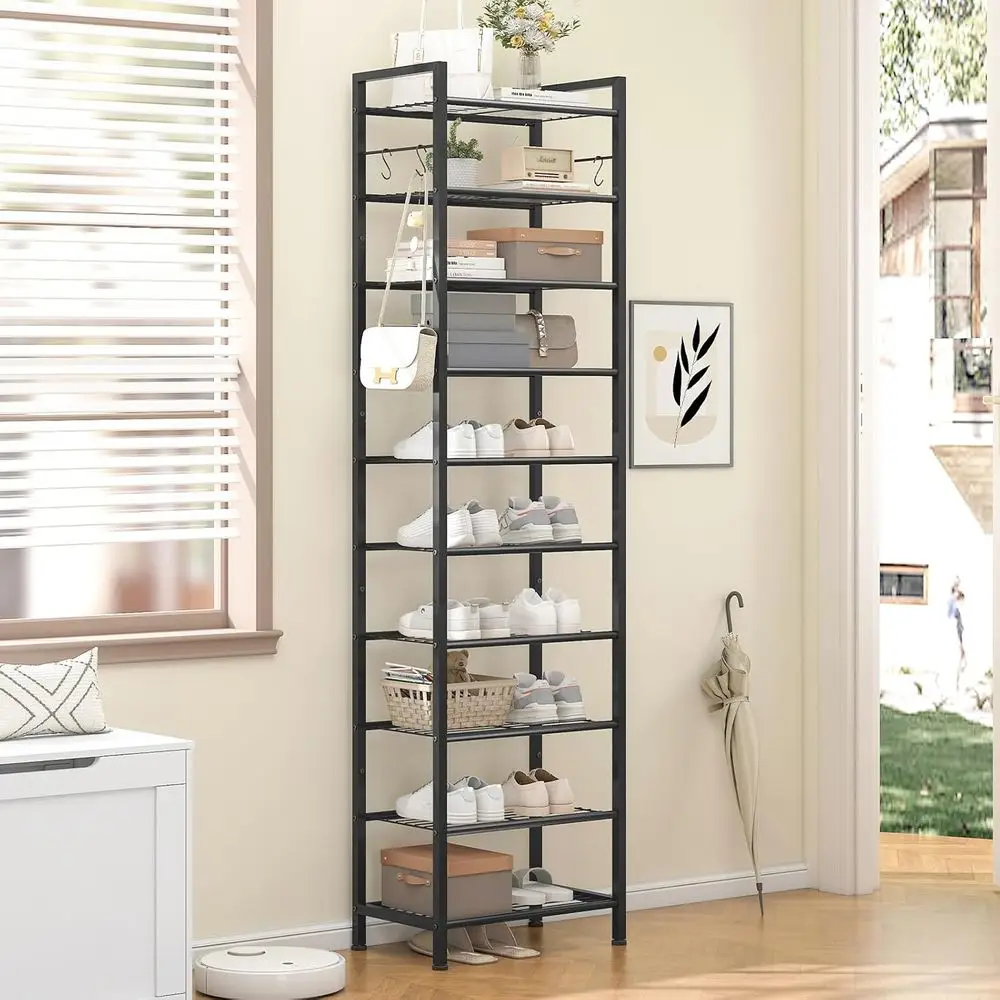 منظم أحذية عمودي معدني قوي مع 4 خطافات، يحمل 20-30 زوجًا، تخزين نحيف موفر للمساحة للمدخل باللون الأسود #2