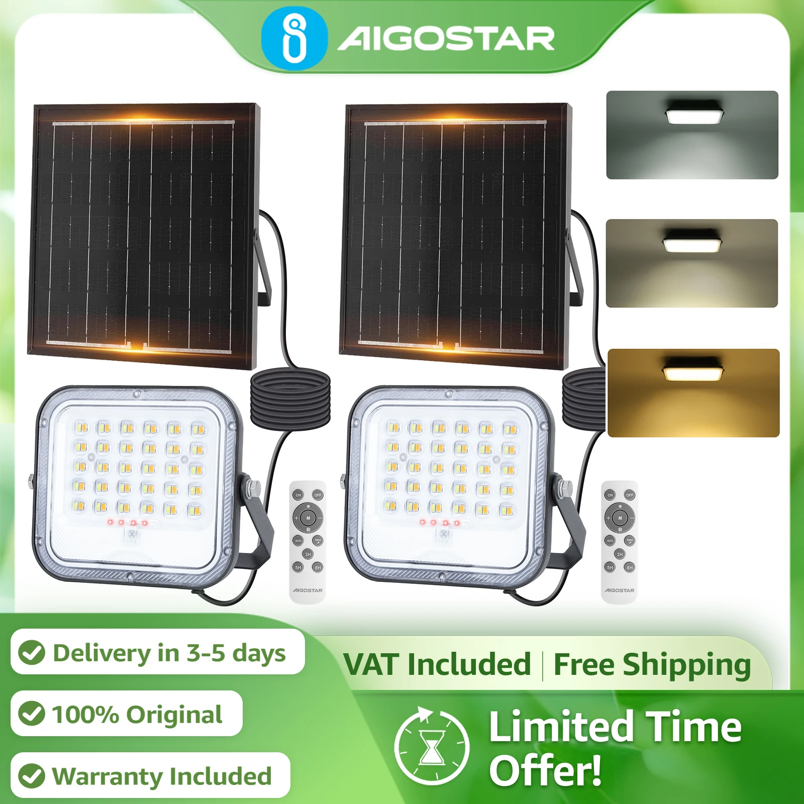 Aigostar Foco Solar Ajustable 4000mAh Gran Panel | 3 Colores + Función Crepuscular IP66 | Pack 2 Pzas