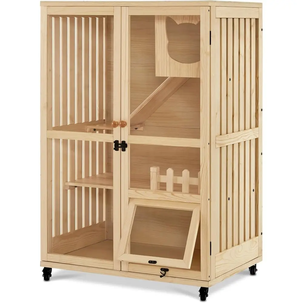 

Luxury Indoor Cat House with Scratch Pad, Lockable Door, Wheels