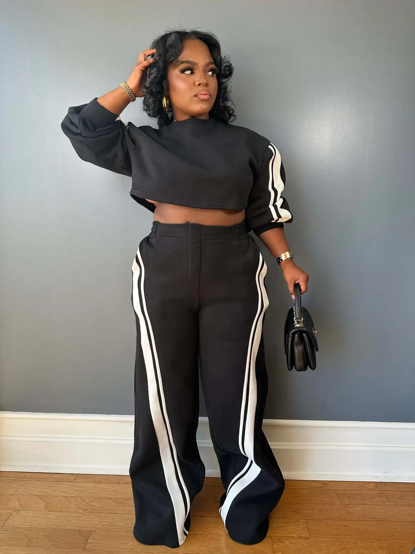 Women Set Autumn Winter Fashion Striped Long Sleeve Sweatshirt Top And Straight Pants Set Casual Two-Piece Set Jogger Tracksuit