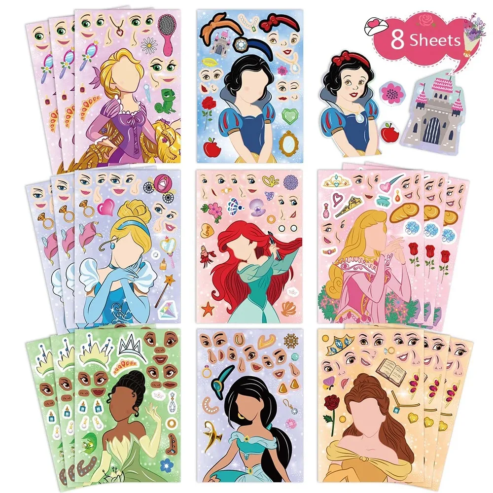 Disney Princessパズルステッカー子供用、DIY組み立てジグソーパズル、教育玩具、女の子向けパーティーのお気に入り、メイア-フェイス、8枚、16枚