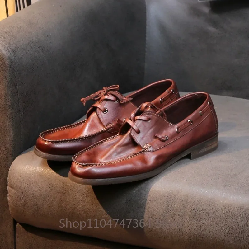 Designer Washed Horseskin British Style Genuine Leather Handmade Loafers Men's Youth Round Toe Breathable Casual Leather Shoes