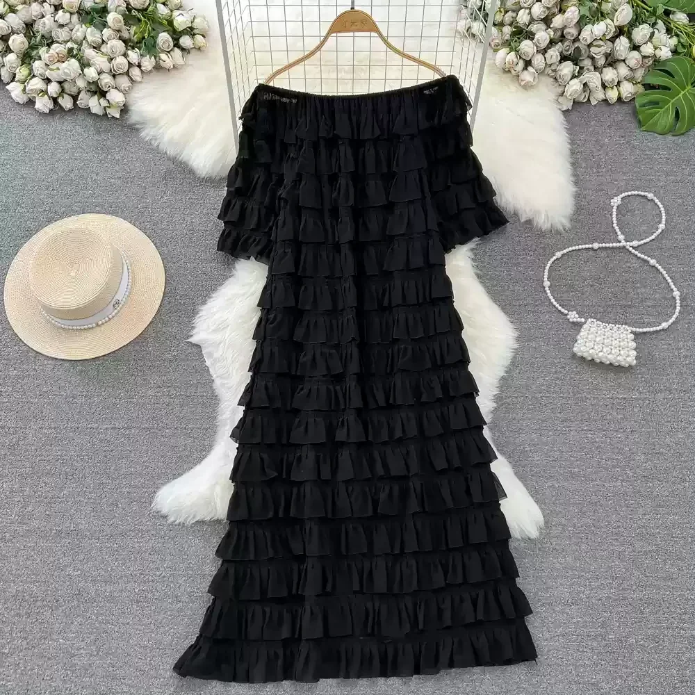 Women Slash Neck Off Shoulder Vintage Short Sleeve Tiered Ruffles Loose A-line Dresses French High Street Spring Winter Clothing