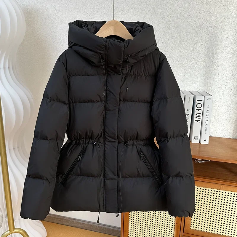 Down Jacket Women White Duck Down Waistband Hooed Thickened Mid-Length Coats Fashionable Warm Jacket for Winter 2023 Loose Tops