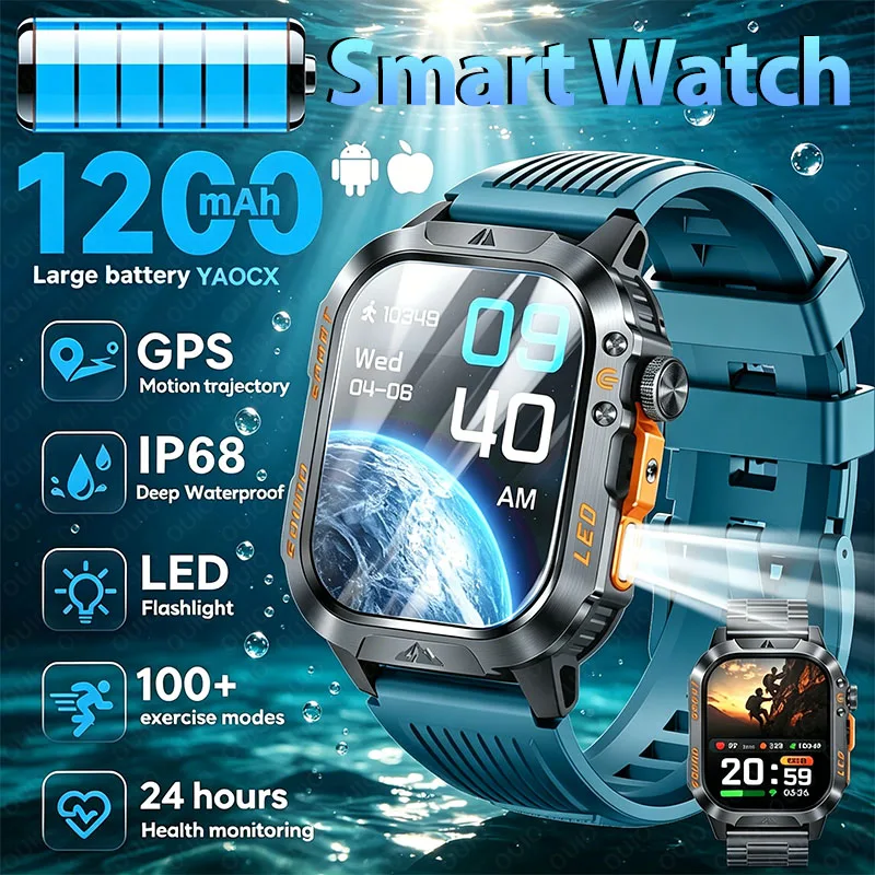 

Outdoor Sports Smartwatches 1200 MAh Battery IP68 Waterproof Flashlight Health Monitoring Motion Trajectory BT Call Smart Watch
