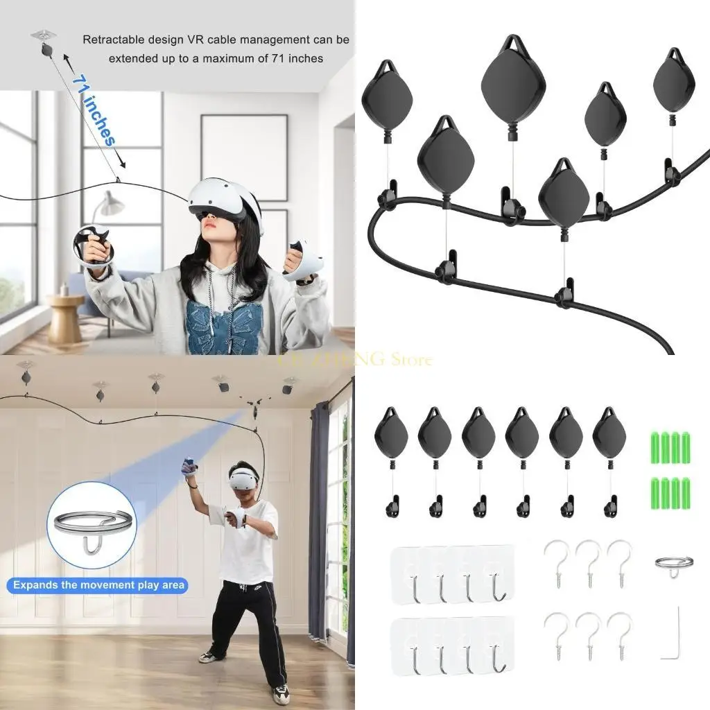 E56B Auriculares Gestión cables Sistema polea techo rotación silenciosa Realidad virtual