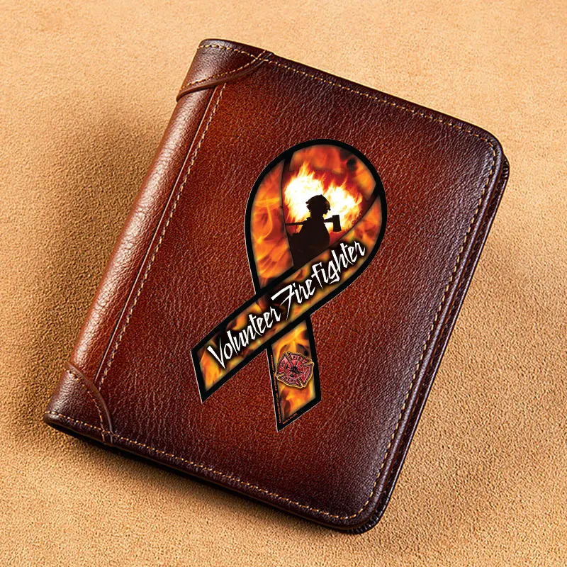 

High Quality Genuine Leather Men Wallets Volunteer Firefighter Printing Short Card Holder Purse Trifold Men's Wallet BK1553