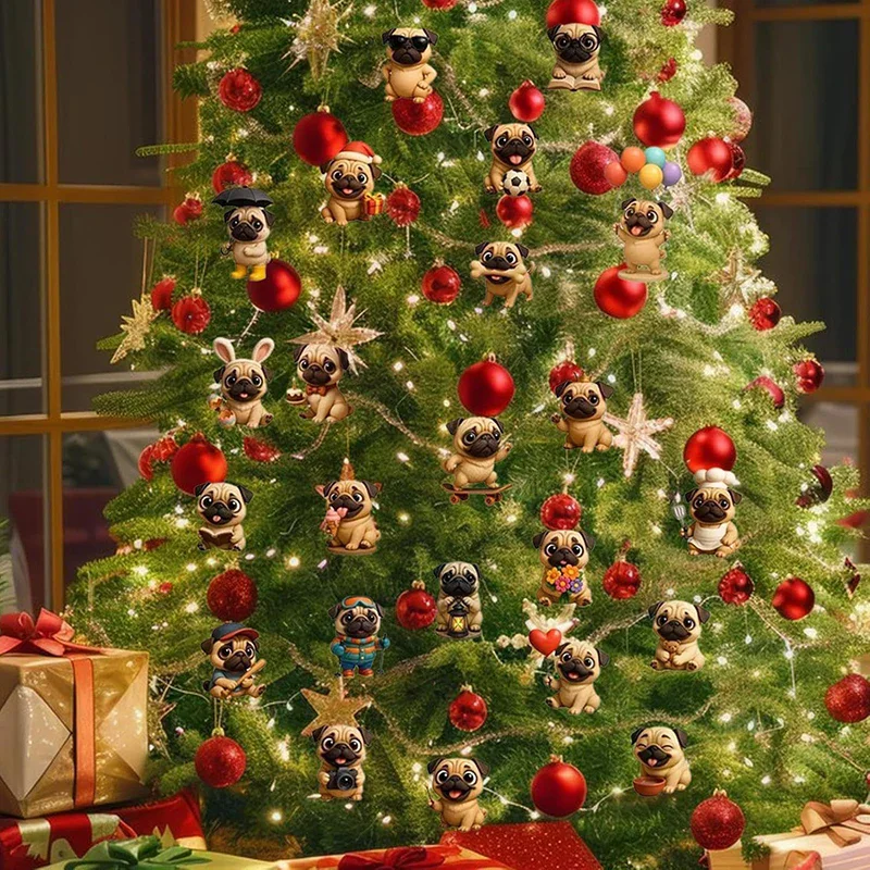 Calendario dell'Avvento carlino 2025, calendario dell'avvento natalizio da 24 giorni con simpatici ornamenti pendenti per cani carlino, regalo di festa per gli amanti dei cani