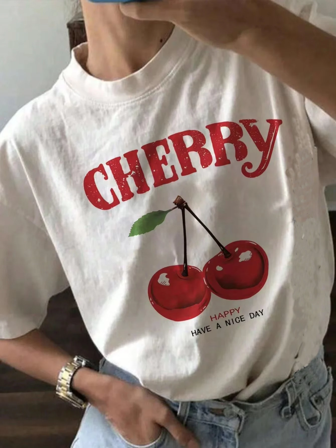 Summer Women Fashion Cherry T-Shirt Cherry Print O-Neck Tops Tees Floral Graphic Short Sleeve Clothing Female Casual Streetwear