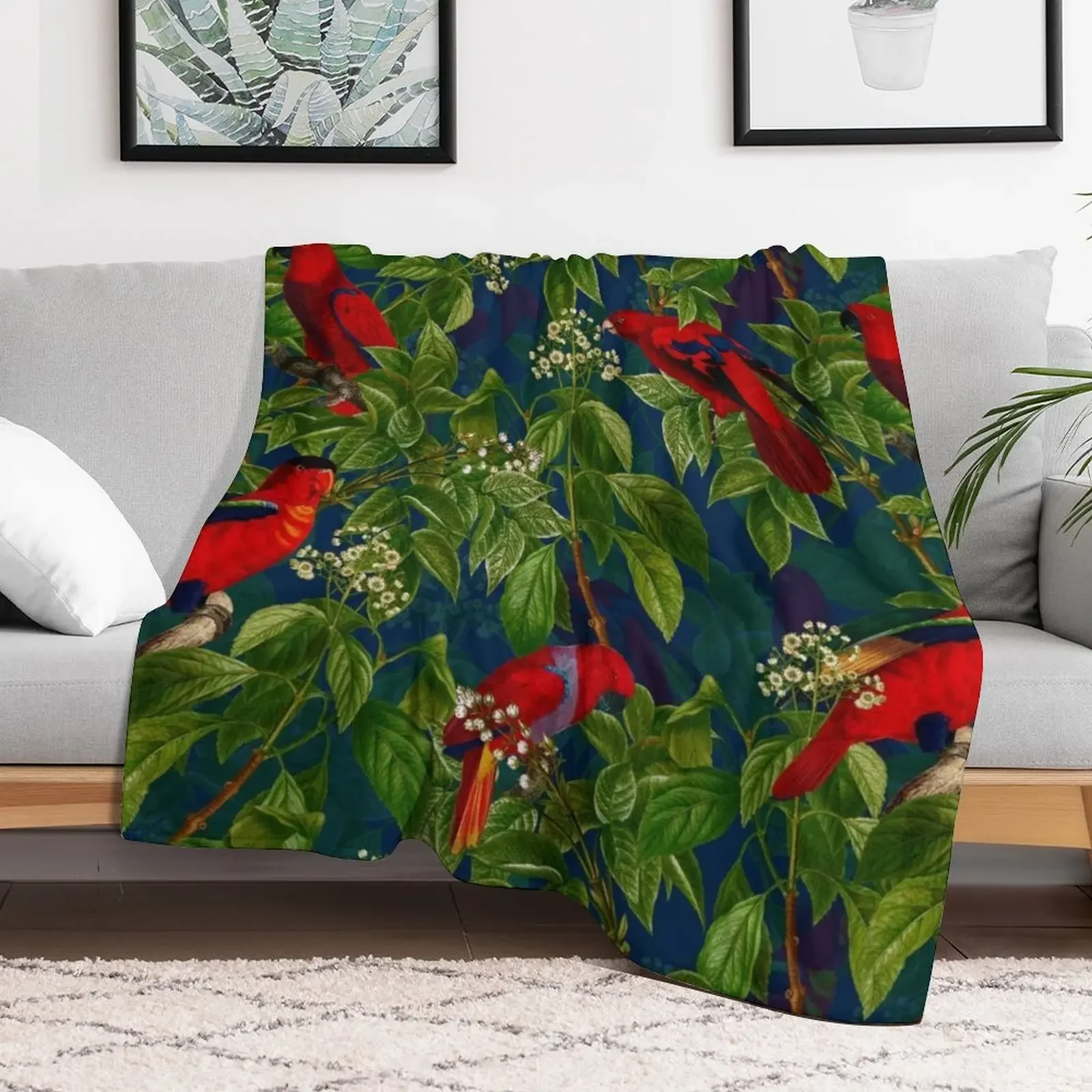 Vintage Red Parrot in Green Jungle Pattern Throw Blanket Cozy Throw Blanket for Bed Sofa Chair