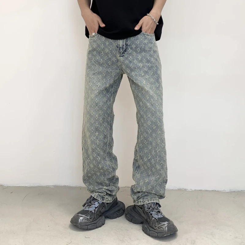 

2024 street Latest designer Pattern Jacquard Jeans Looser Hollow-out Men's Pants Full Length Denim Clothing Black Blue men's pan