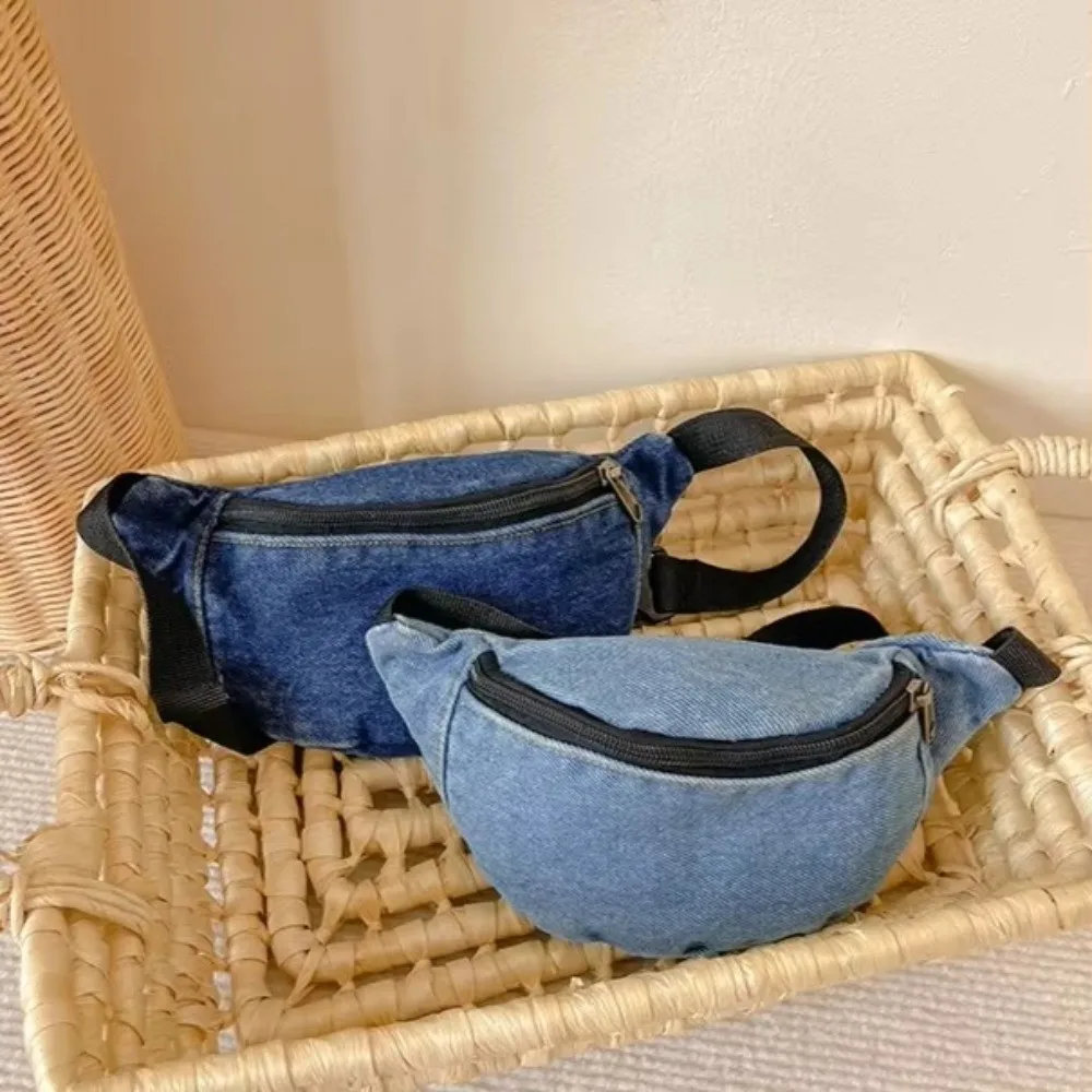 Zipped Closure Denim Waist Bag Denim Material Sling Design Kids Waist Pack Crossbody Style Casual Style Casual Shoulder Bag
