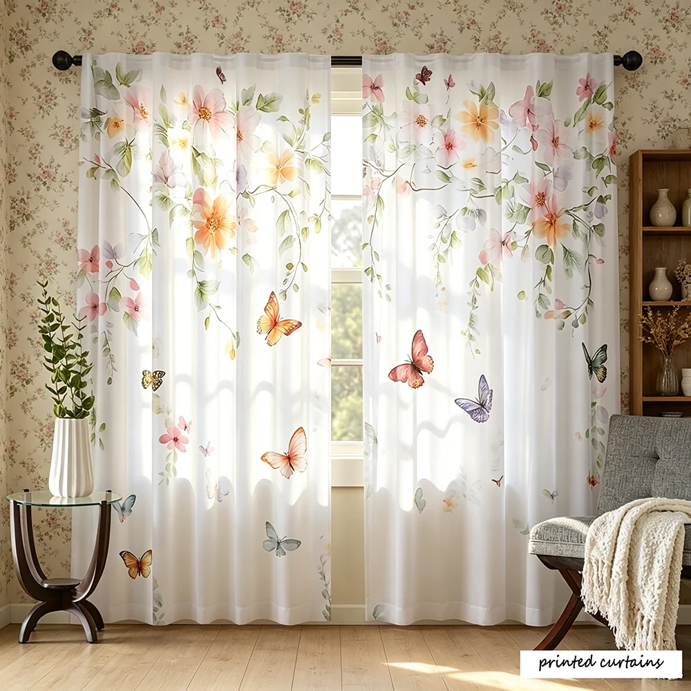 2-Pack Fashionable Thin Sheer Curtains with Butterfly Floral Pattern - 4 Washable Fabrics (No Rod Included) - Seasonless for Liv