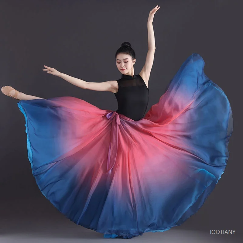 720度ニューバレエスカートクラシックダンスレディースロングスカートダンス練習スカート大人のグラデーション妖精フラメンコレースアップスカート