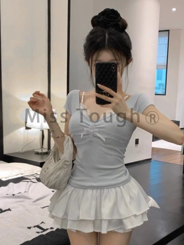 2024 Sweet Sexy Y2k Tops Women Korean Fashion Elegant Chic Bow Slim Kawaii Top Female V-neck Lace Solid Short Sleeve Tops Summer