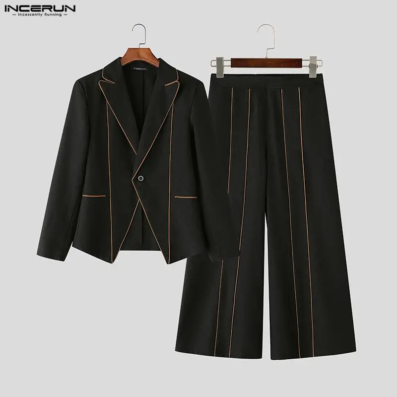Incerun conjuntos masculinos retalhos elegante manga longa blazer & calças de perna larga duas peças define streetwear moda masculina ternos casuais