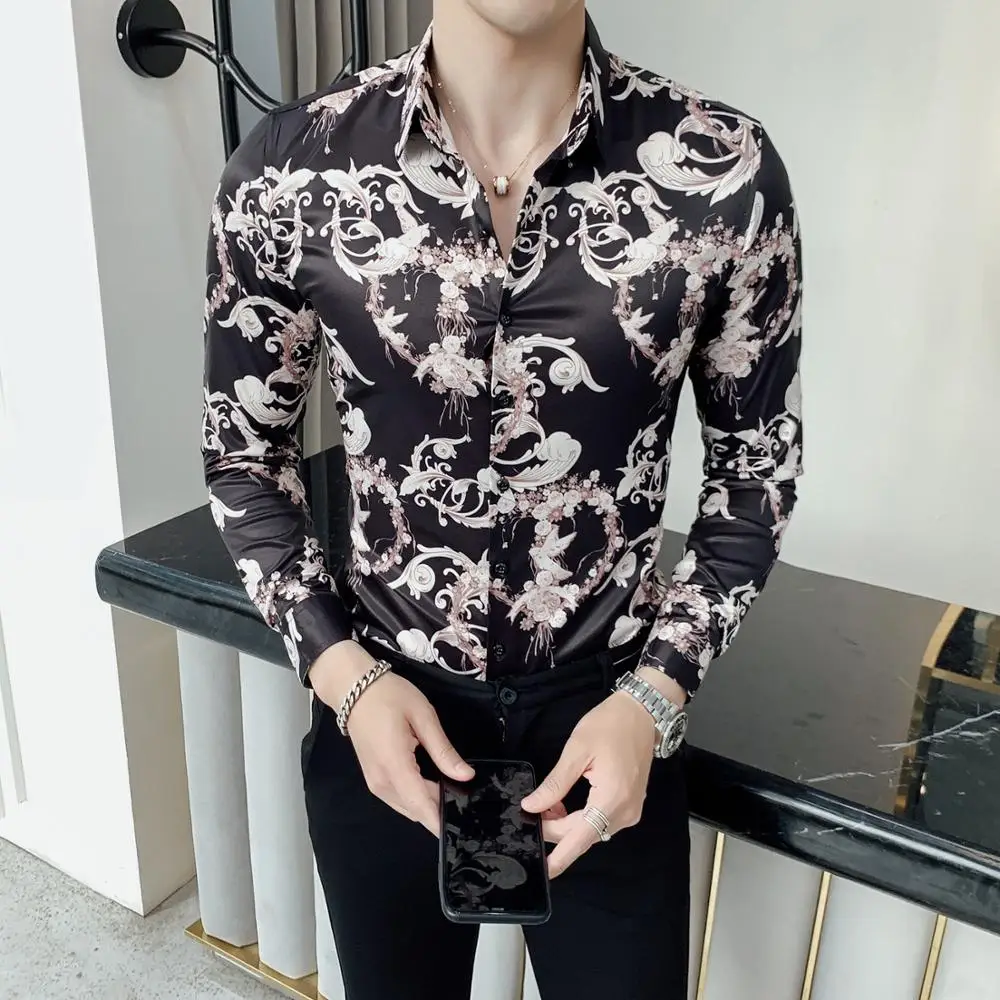 

2024 Spring Mens Vintage Floral Printed Long Sleeve Shirt New Fashion Slim Fit Shirts Casual Nightclub Shirts Men Chemise Homme