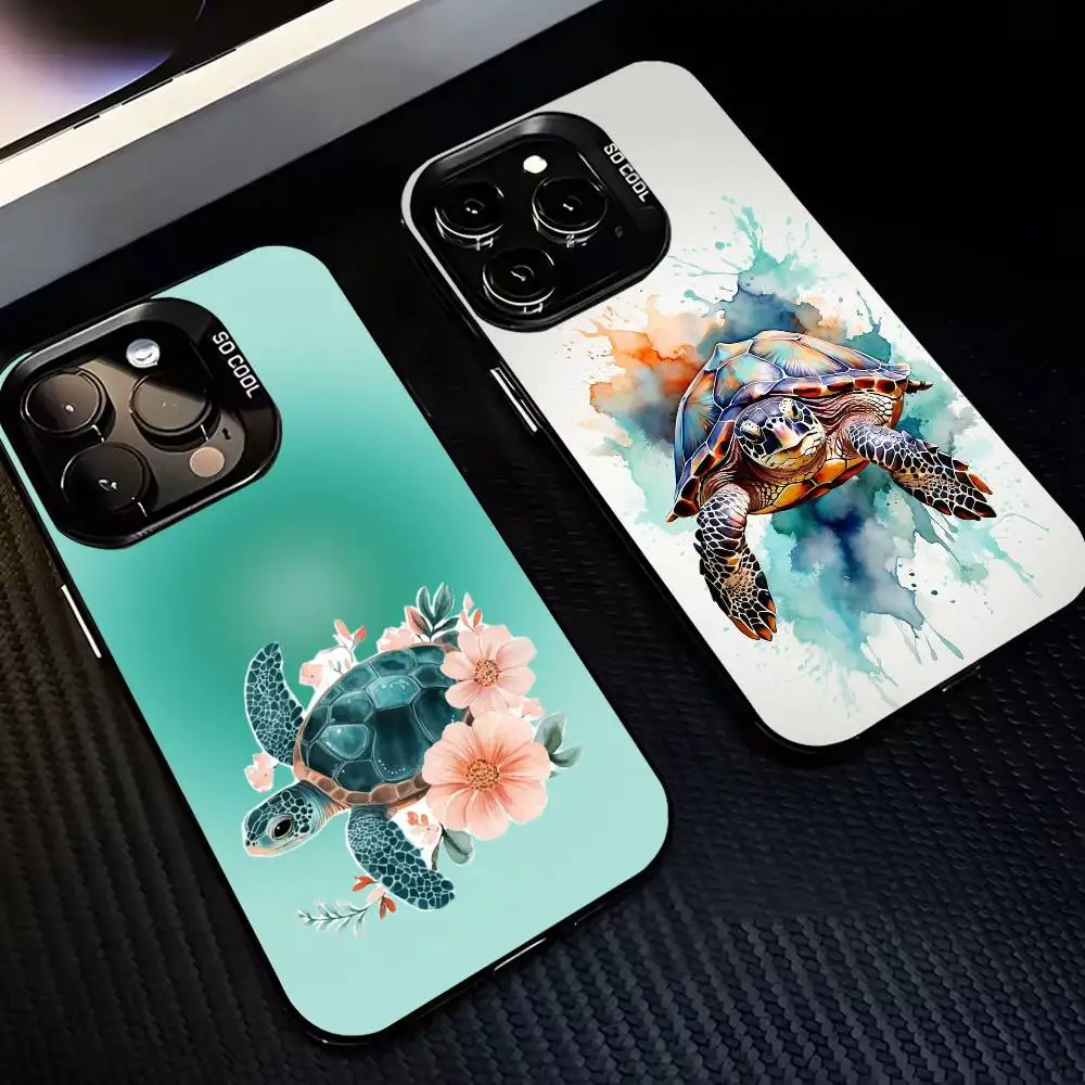 

Calming Sea Turtle Phone Case For iPhone17,16,15,14,13,12,Pro Max Black Colored Silver Plated Inside Cover