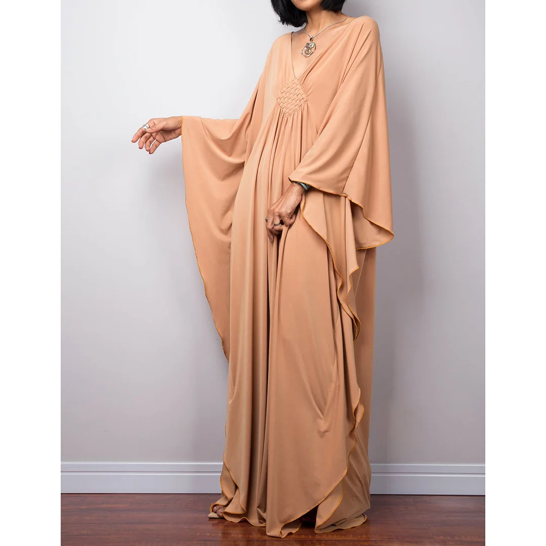 Langes Kleid im Stil einer griechischen Göttin, Tunika mit Fledermausärmeln, Strandkleid, Strandtuch, Strandmode, Kaftan, Maxikleid V4427 – Detail 24