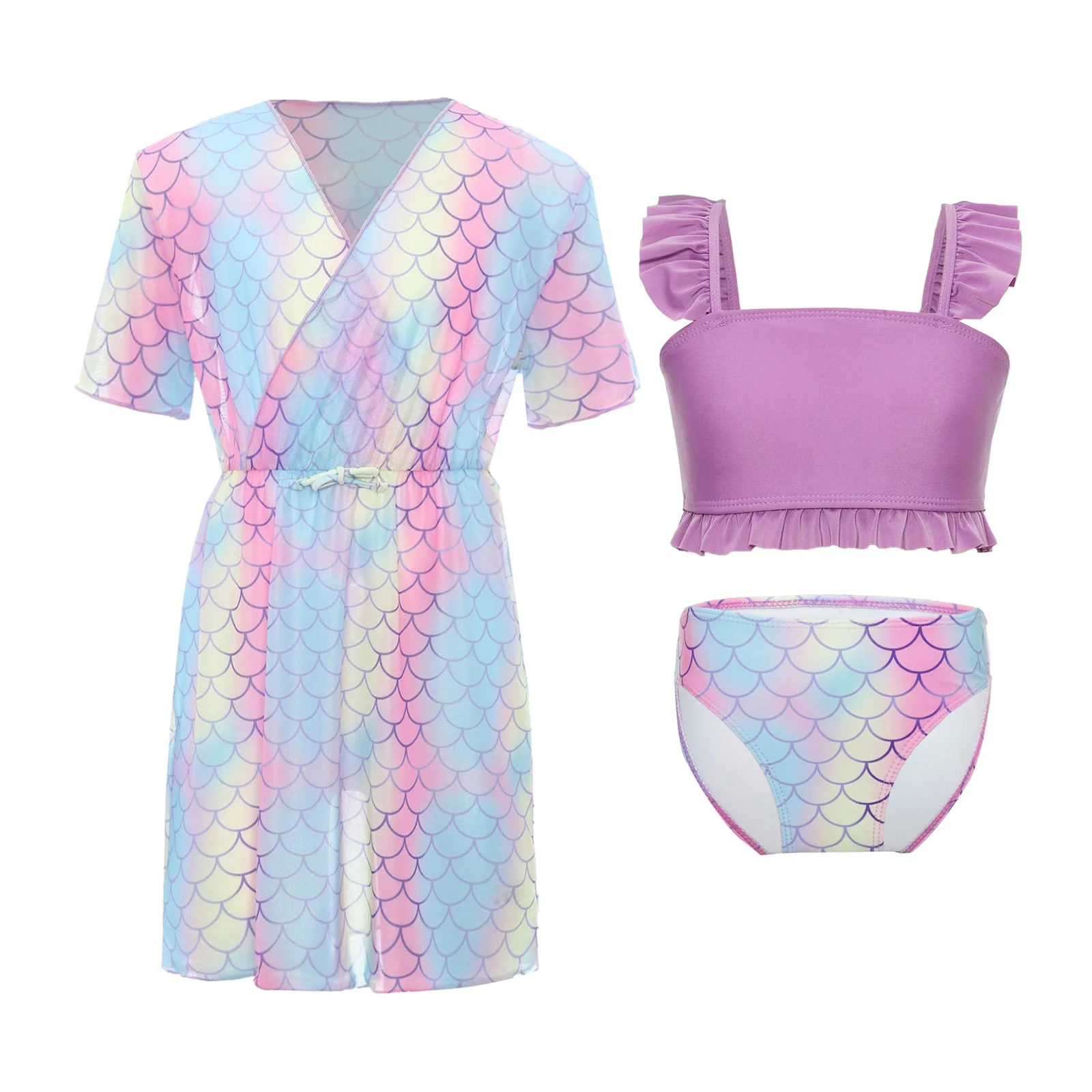 Girls Fish Scales Print Mermaid Swimwear 3Pcs Summer Beach Bathing Suit Ruffled Tankini Top Cover Up Beachwear Mesh Dresses Set