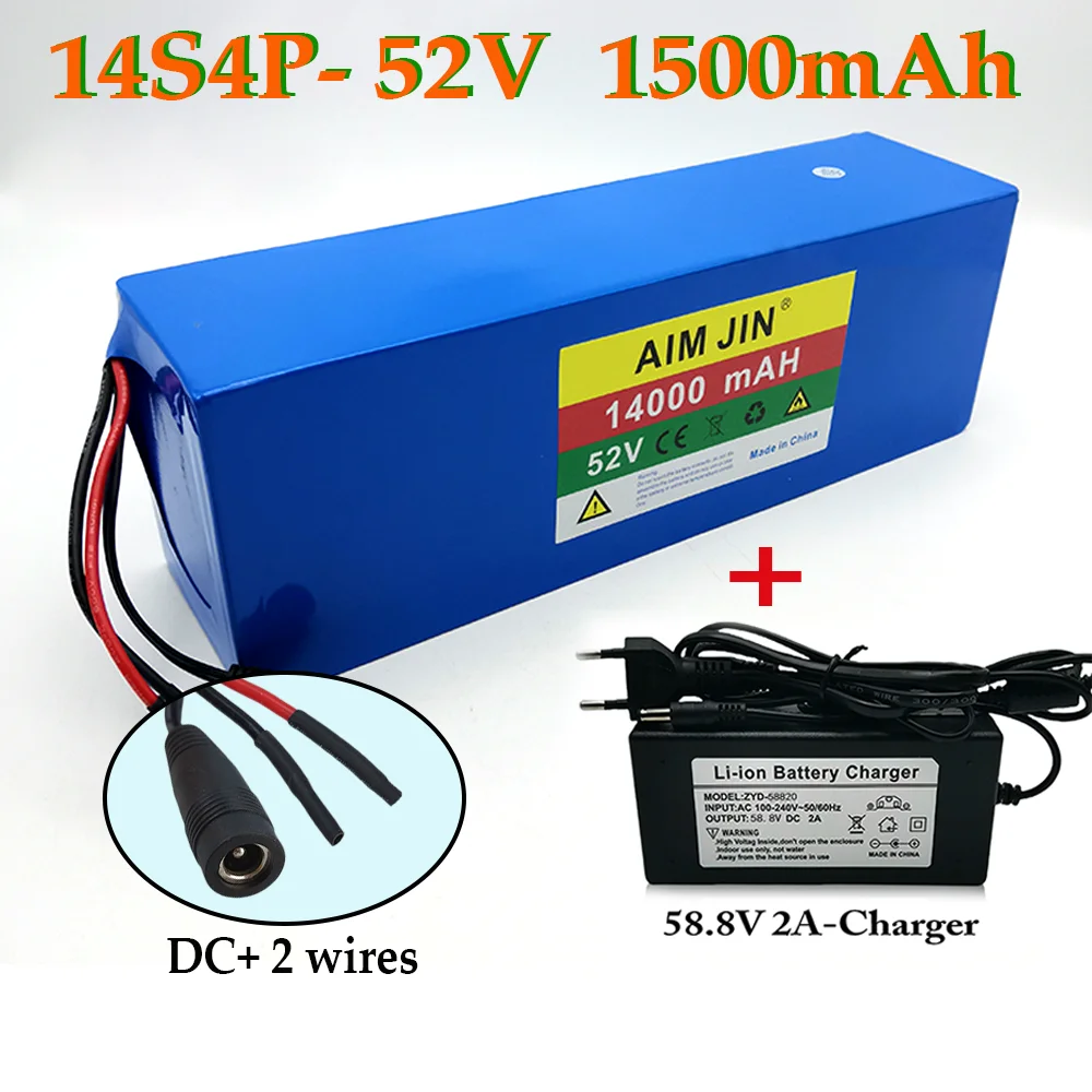 

52V 14Ah 18650 lithium battery pack 14S4P 1500W electric bicycle high-power scooter e-bike battery +58.8V 2A charger