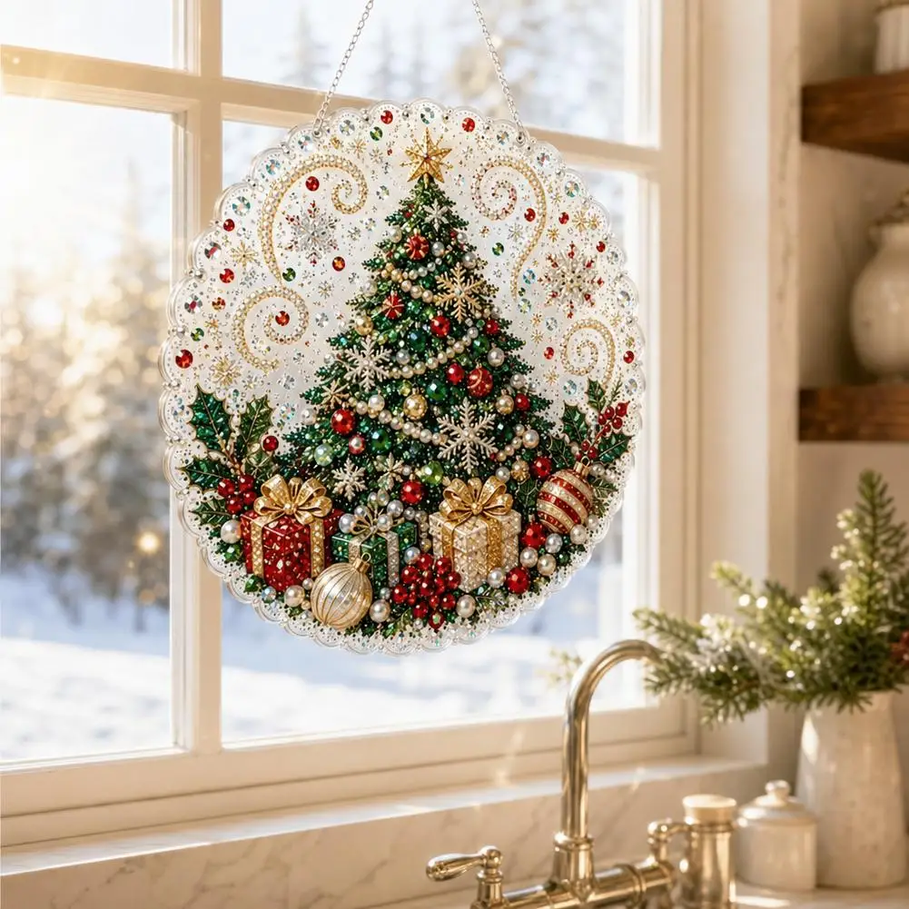 Kit de peinture diamantée DIY attrape-soleil avec perles, planche ronde en acrylique à bord dentelé, pour artisanat de Noël