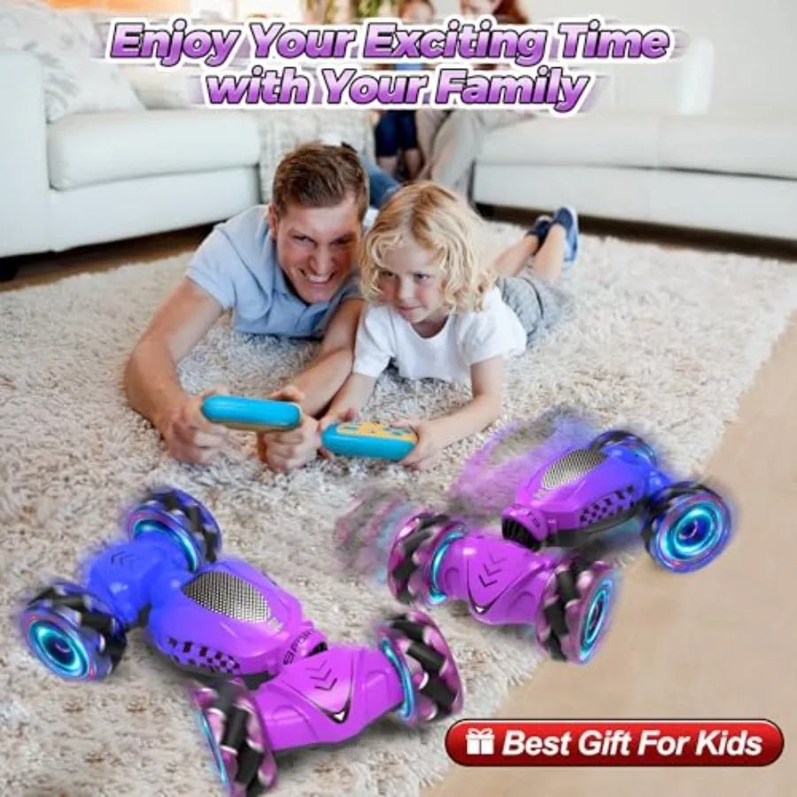 Remote Control Car for Girls 4-7, ABS Plastic, Red, Gesture Sensing RC Stunt Car with LED Lights and 4WD Transform Drift Functi