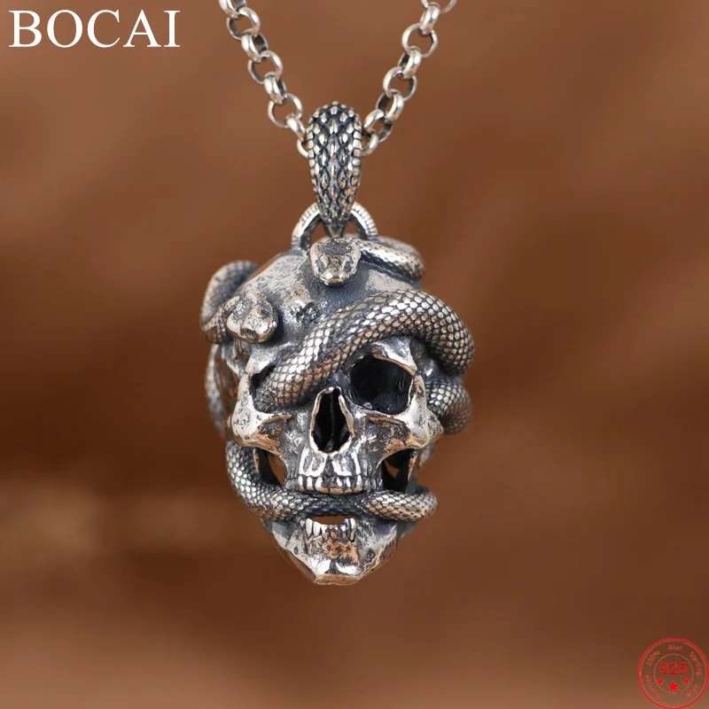 BOCAI S925 Sterling Silver Charms Pendants for Women Men New Fashion Hip Hop Hollow Cobra Skull-head Punk Jewelry Free Shipping