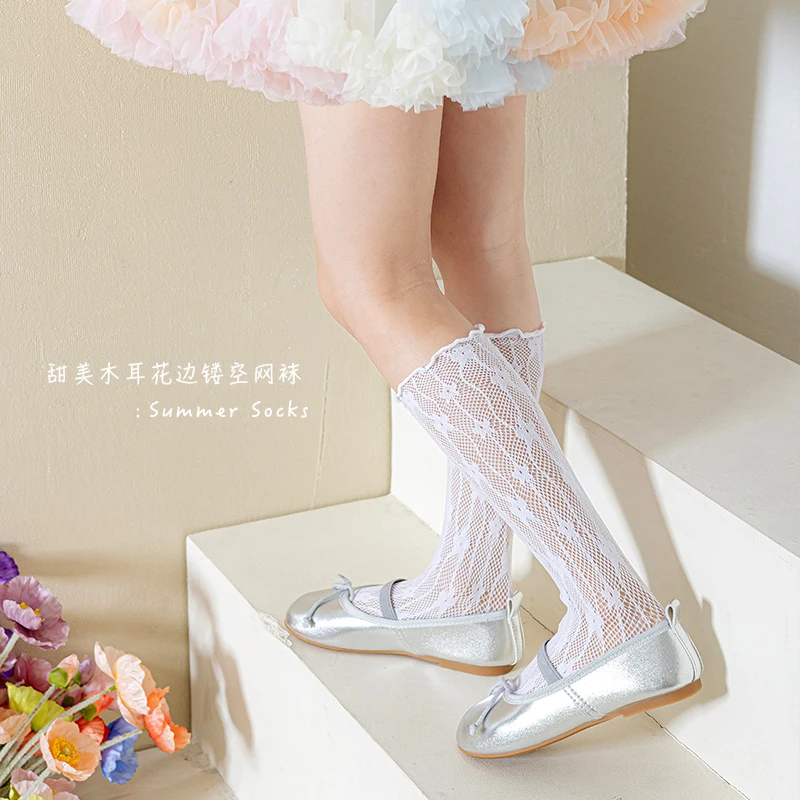 Cute Girls Spring Summer Thin Lolita Princess Slouch Socks Hollow Out Small Flower Design Ruffled Edge Soft Breathable Stockings