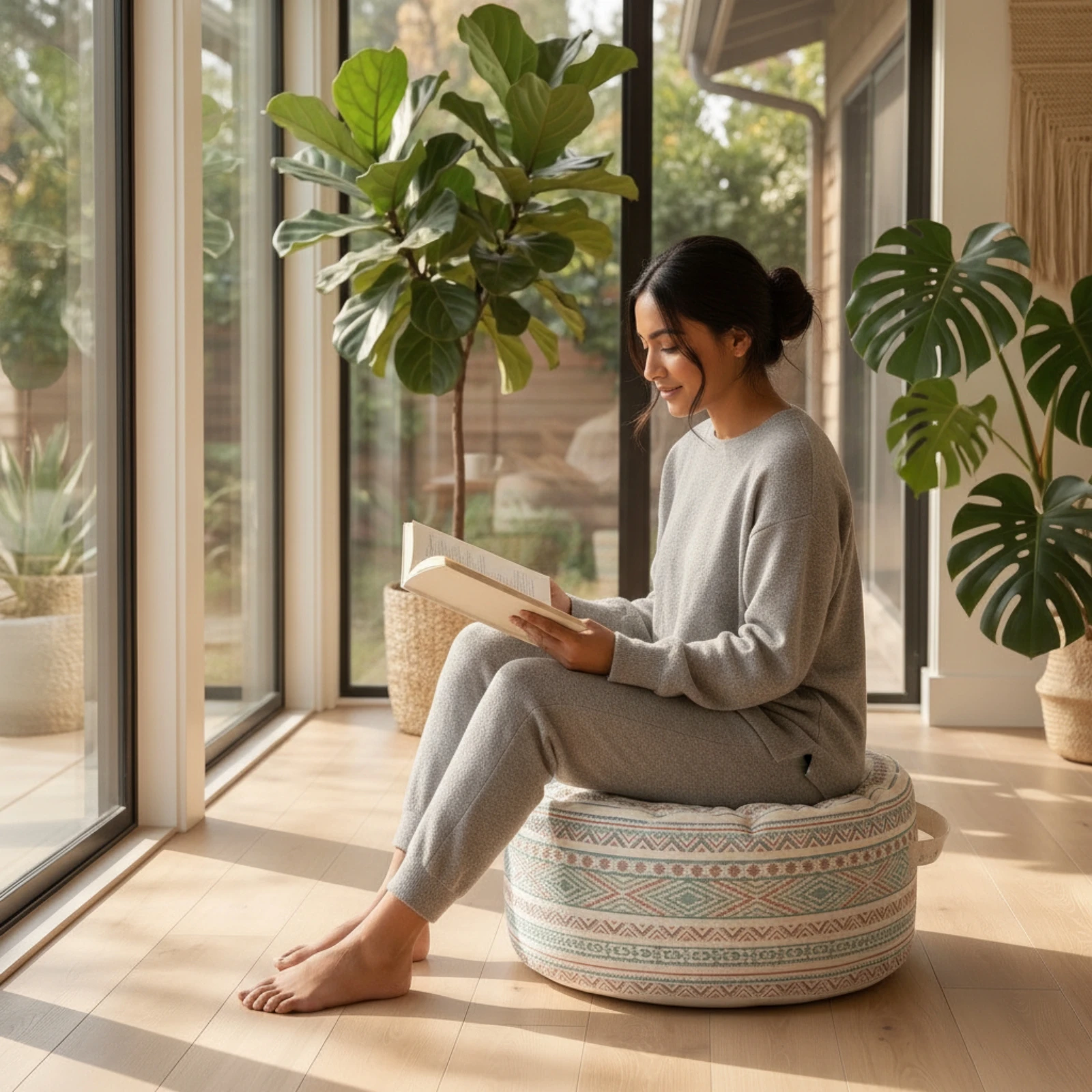 Floor Cushion with Handle Decorative Floor Ottoman Round Pouf Low-Sitting Ottoman Cover Lightweight for Living Room