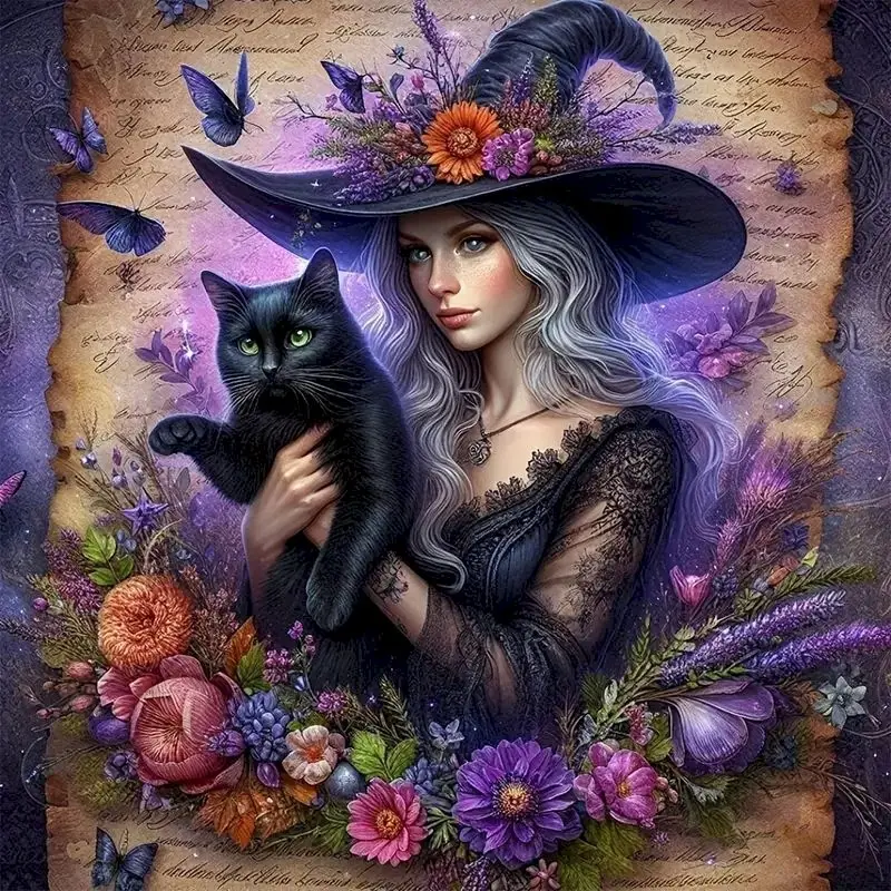 

5D Diamond Painting Kit for Adults Witch and Cat Round Acrylic Diamond Art Embroidery Cross Stitch DIY Handmade Gift for Hallowe