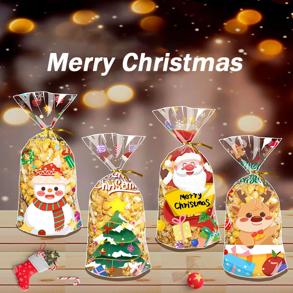 Christmas 50pcs Pack Biscuit Bags Attractive Colorful With Rope Gift Bag Festive Party Supplies For Treat Bags New Year 2025