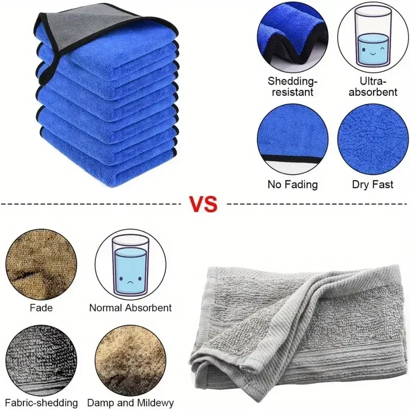 1/5pcs Microfiber Car Washing Towels Soft Quick Drying Windows Mirrors Wiping Rags Home Double Layer Cleaning Cloths 500GSM