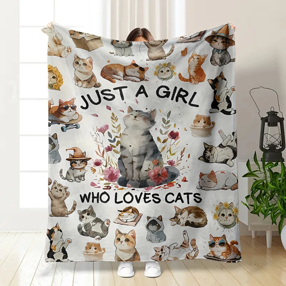 1 Piece of Watercolor-Style Cat-Themed Throw Blanket, with English Slogan Design, a Warm and Healing Home Essential