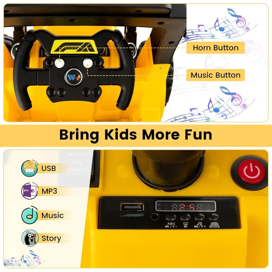 ركوب على حفارة 12 فولت تعمل بالبطارية حفار جرافة مع حفر قابل للتعديل دلو الذيل مصباح ليد الموسيقى القرن بطيئة بدء Elec